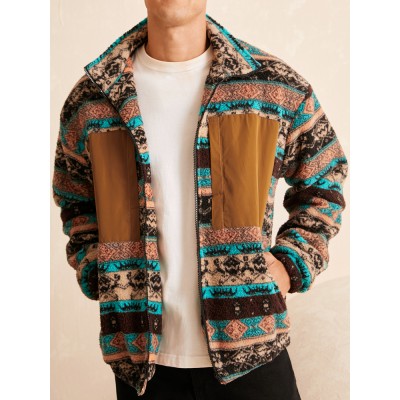 Men Ethnic Striped Fleece Patch Side Pockets Zipper Collar Jackets