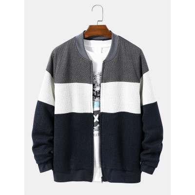 Men Patchwork Contrast Color Block Stand Collar Jackets