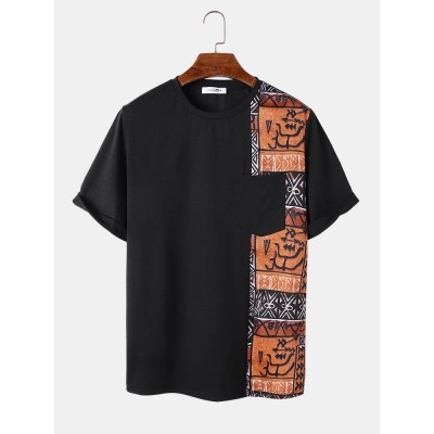 Mens Ethnic Tribal Pattern Stitching Pocket Short Sleeve T  Shirts