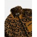 Men Leopard Fleece Patch Pocket Stand Collar Drawstring Hem Jackets