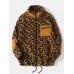 Men Leopard Fleece Patch Pocket Stand Collar Drawstring Hem Jackets